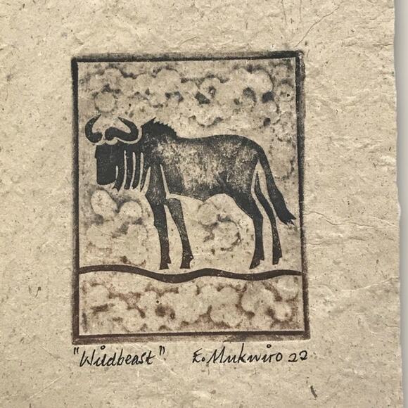 African Animal Print Etchings on Handmade Paper by Mukwiro Elephant & Wildbeast - Picture 5 of 8